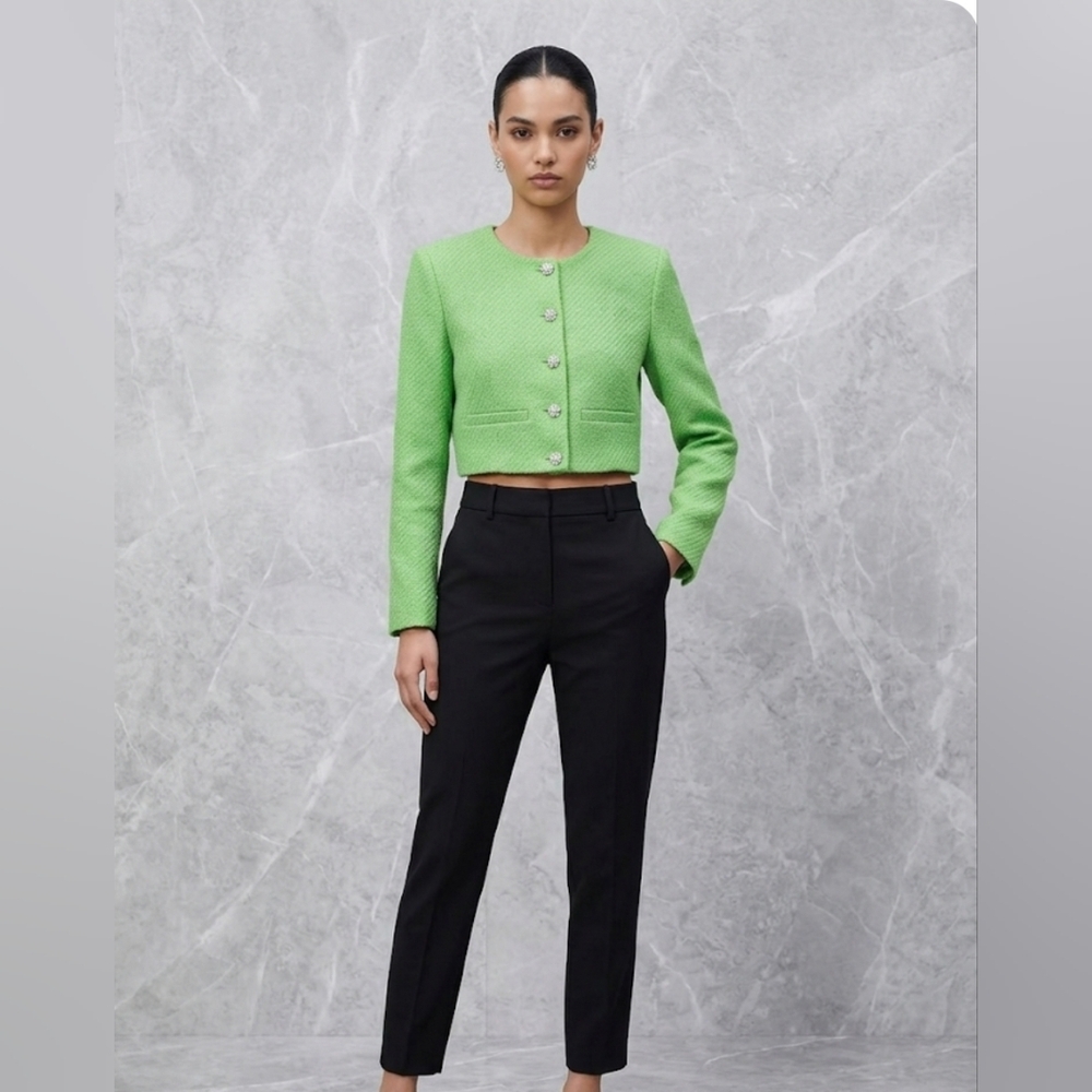 ZARA Apple Green Textured Tweed Cropped Blazer Jacket With Jewel Buttons Size XS